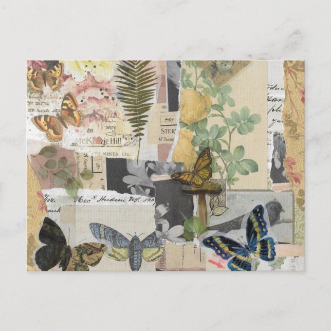 Floral Butterfly Vintag Ephemera Decoupage Postkarte (Vorderseite)
