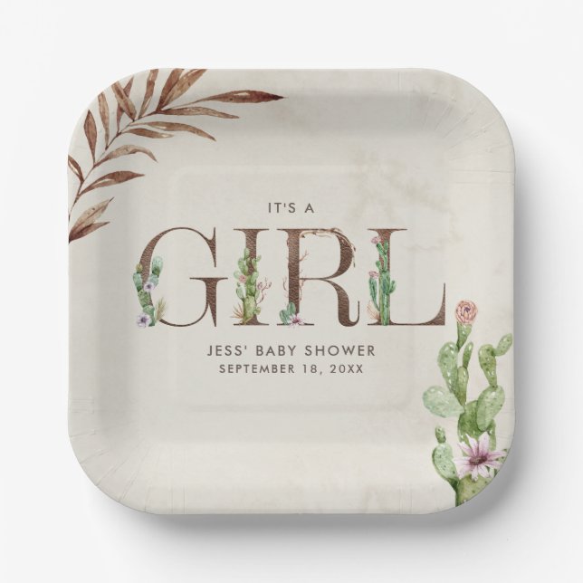Floral Cactus Leather Girl Baby Shower Pappteller (Vorderseite)