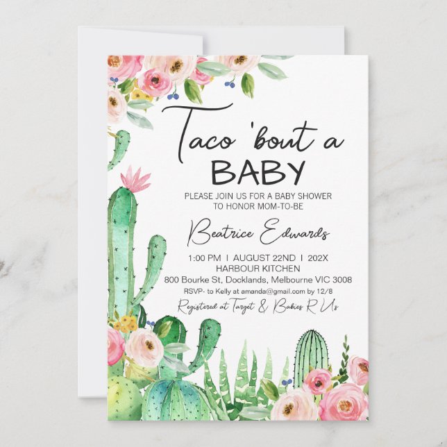 Floral Cacus Taco Bout Eine Babydusche Einladung (Vorderseite)