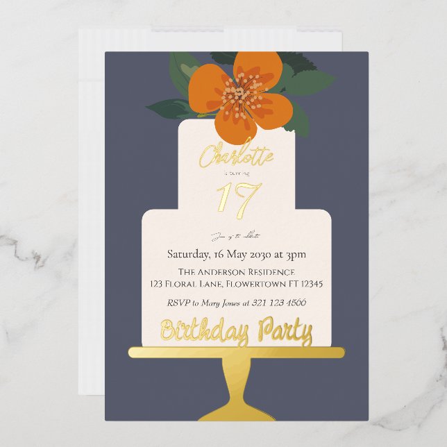 Floral Cake Birthday Party Gold Folieneinladung (Briefumschlag)