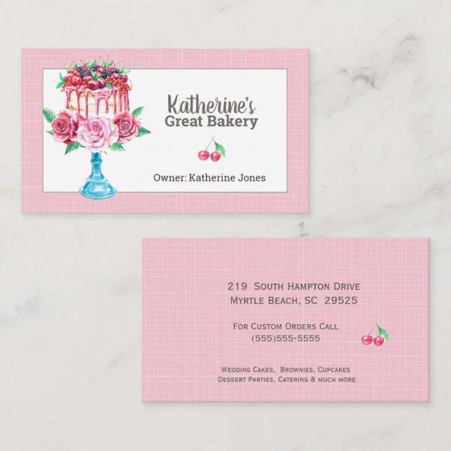 Floral Cake Stand Bäckerei Business Cards Visitenkarte (Vorne/Hinten)