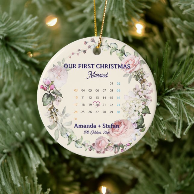 Floral Calendar Our First Christmas Married Keramik Ornament (Baum)