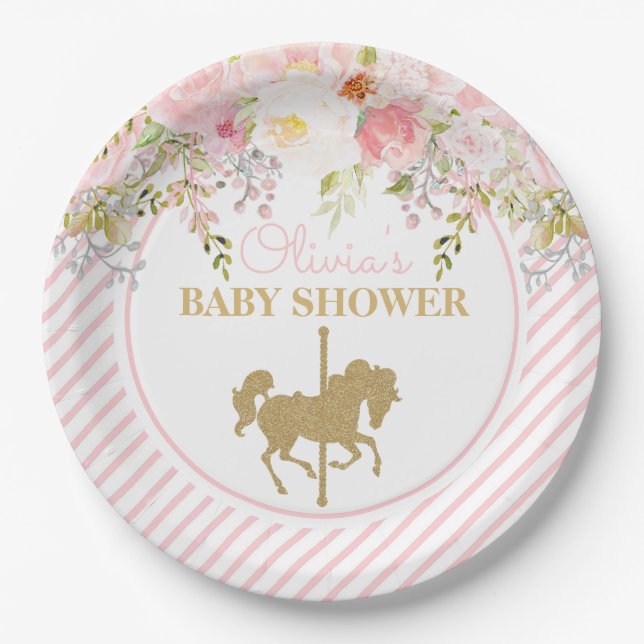 Floral Carousel Merry Go Round Baby Dusche Pappteller (Vorderseite)
