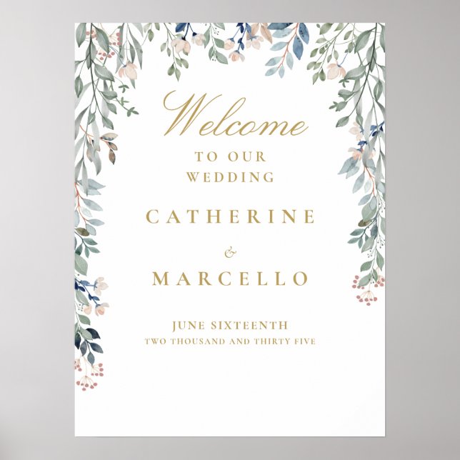 Floral Cascade Gold Mariage Affiche de bienvenue (Devant)