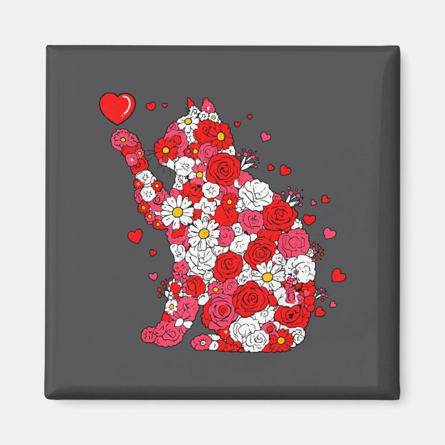 Floral Cat Heart Valentines Day Meow Kitty Kitten  Magnet (Vorne)