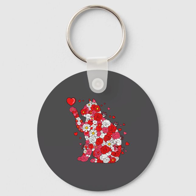 Floral Cat Heart Valentines Day Meow Kitty Kitten  Schlüsselanhänger (Vorderseite)