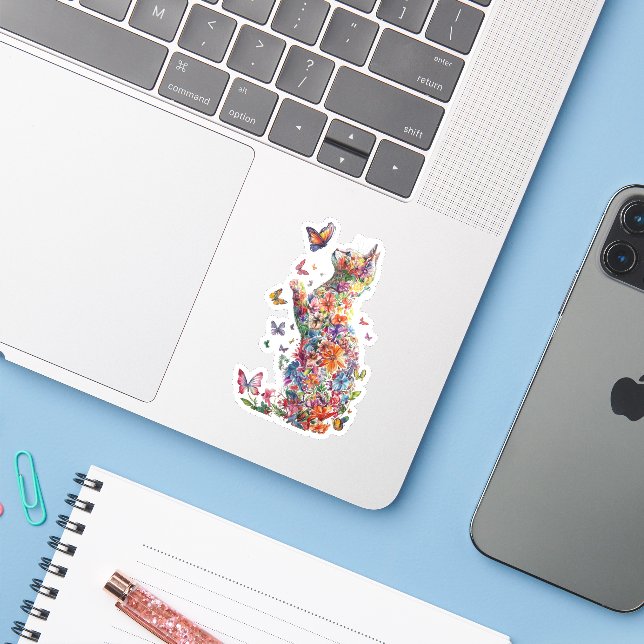 Floral Cat Silhouette with Butterflies stickers (Ordinateur portable avec iPhone)