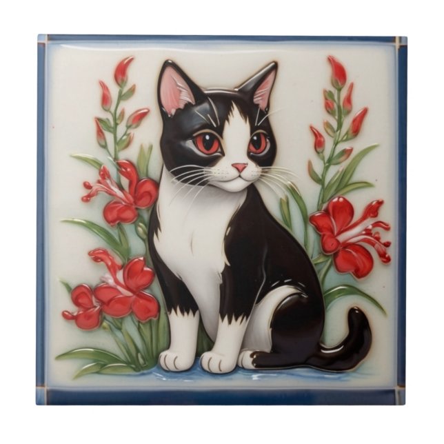 Floral Cats - Black and White Cat & Red Flowers Fliese (Vorderseite)