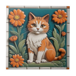 Floral Cats - Ginger Cat & Orange Flowers Garden Fliese