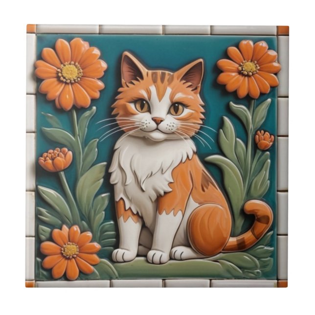 Floral Cats - Ginger Cat & Orange Flowers Garden Fliese (Vorderseite)