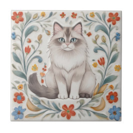Floral Cats - Ragdoll Cat Colorful Folk Flowers Fliese
