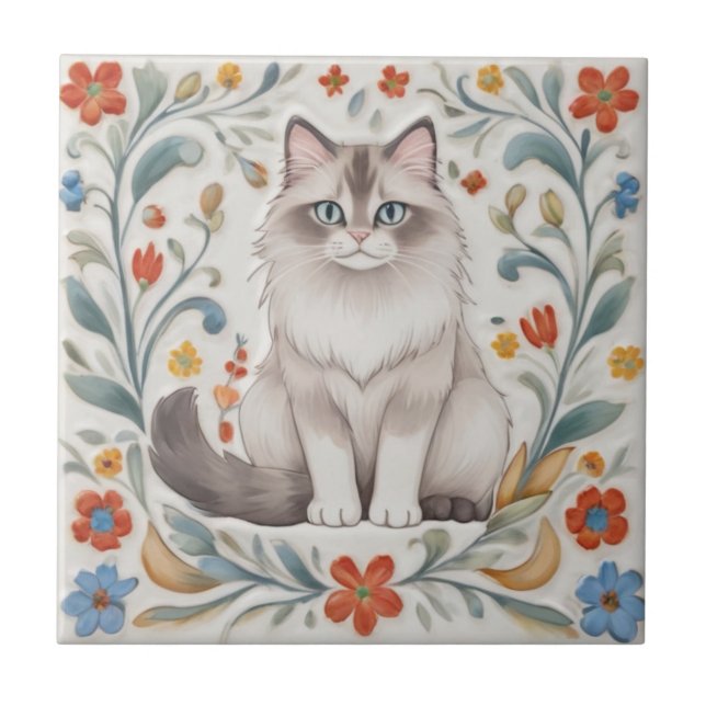 Floral Cats - Ragdoll Cat Colorful Folk Flowers Fliese (Vorderseite)