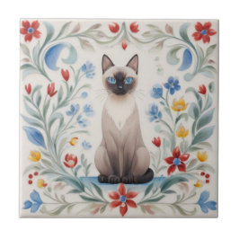 Floral Cats - Siamese Cat Colorful Folk Flowers Fliese