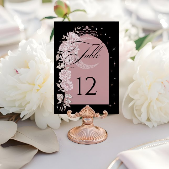 Floral Celestial Moon Star Tiara Quinceanera Foto Tischnummer (Floral Celestial Moon Star Tiara Quinceanera Photo Table Number (Front))