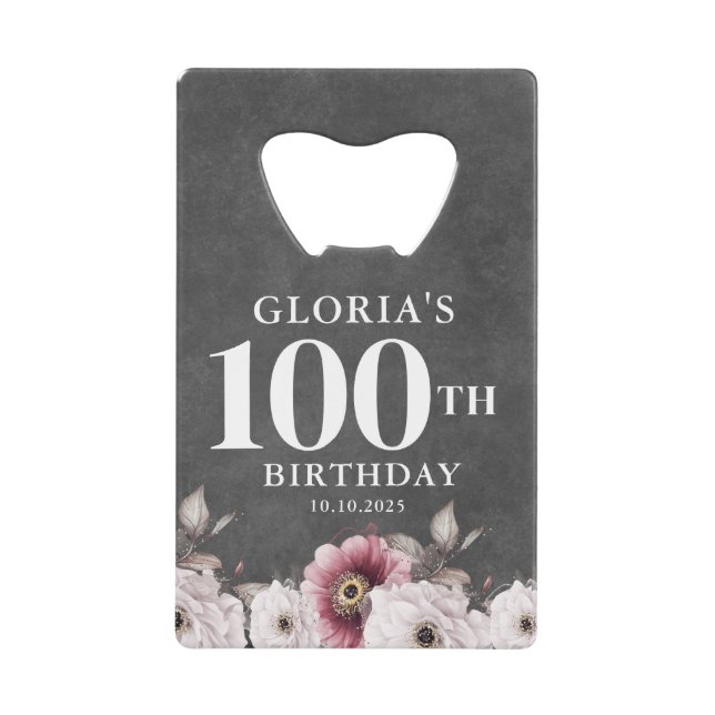 Floral Cheers bis 100. Geburtstag Geldbeutel Flaschenöffner (Vorderseite)
