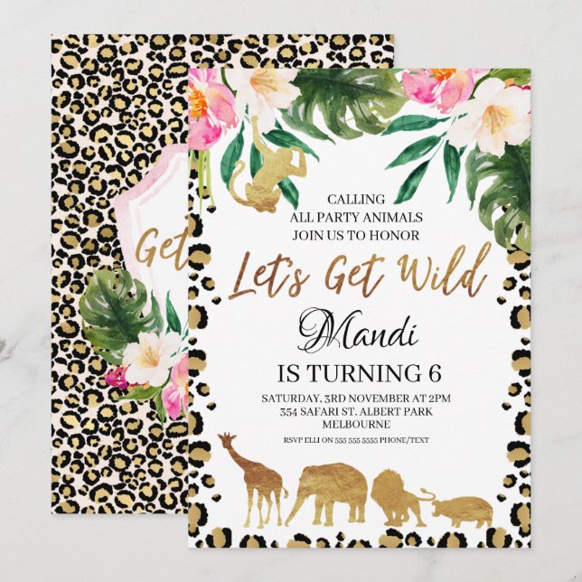 Floral Cheetah Print Lasse Wild Birthday Einladung (Vorne/Hinten)