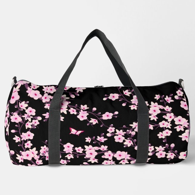 Floral Cherry Blossom Black Pink Duffle Bag (Vorderseite)