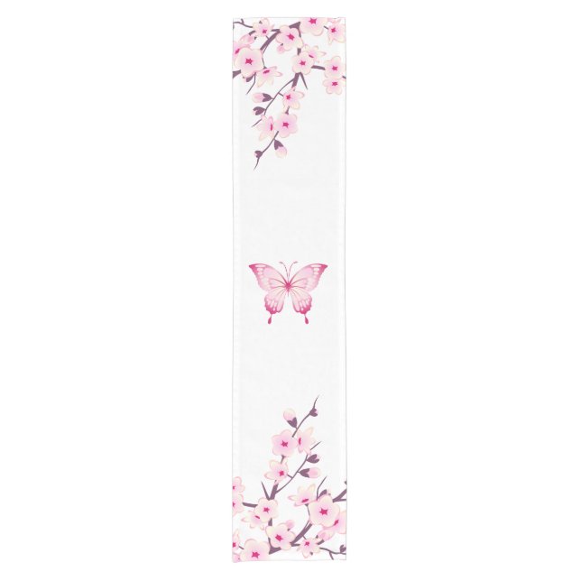 Floral Cherry Blossom Butterfly Pink Weiße Blüte  Kurzer Tischläufer (Vorderseite)