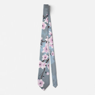 Floral Cherry Blossom Dusky Pink Dusty Blue Krawatte