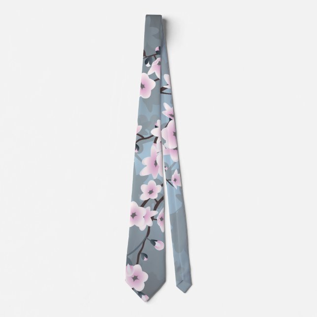 Floral Cherry Blossom Dusky Pink Dusty Blue Krawatte (Vorderseite)