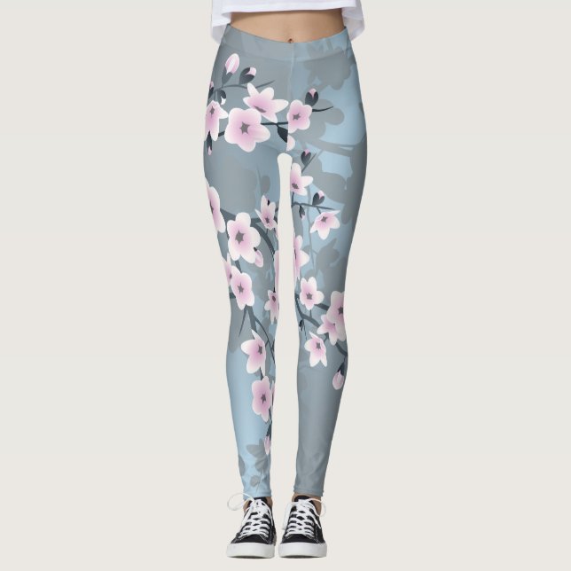  Floral Cherry Blossom Dusty Pink Blue Leggings (Vorderseite)