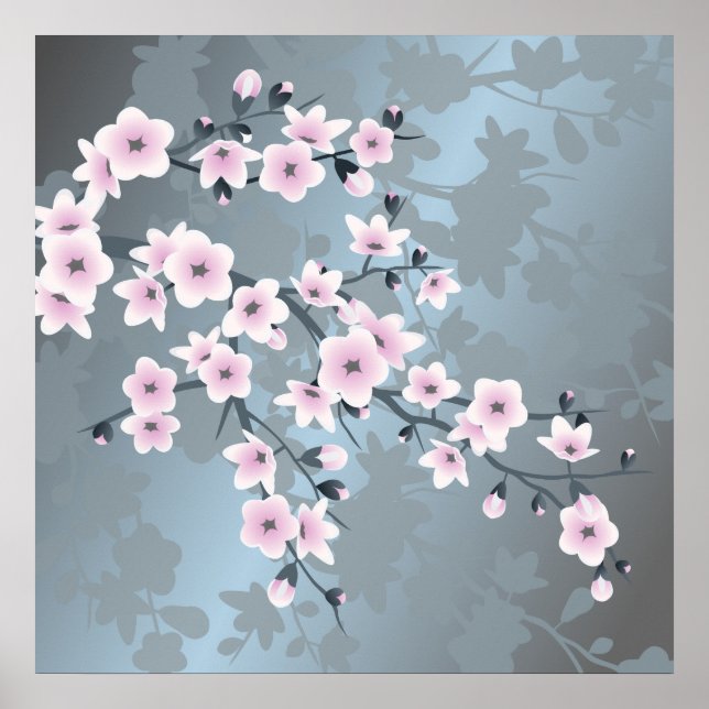 Floral Cherry Blossom Dusty Pink Blue Poster (Vorne)