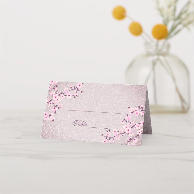 Floral Cherry Blossom Mauve Glitzer Platzkarte (Vorderseite)