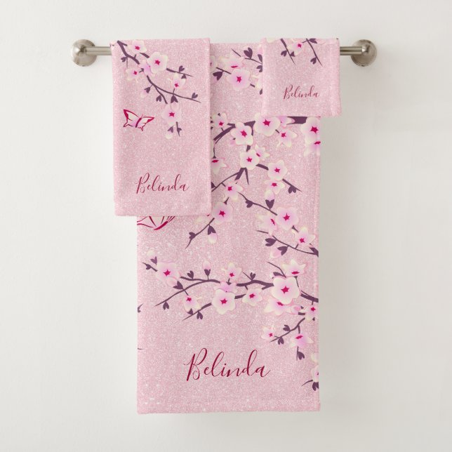 Floral Cherry Blossom Monogramm Name Rosa Glitzer Badhandtuch Set (Insitu)