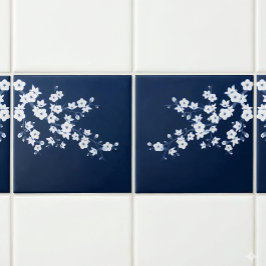 Floral Cherry Blossom Navy Blue White Fliese