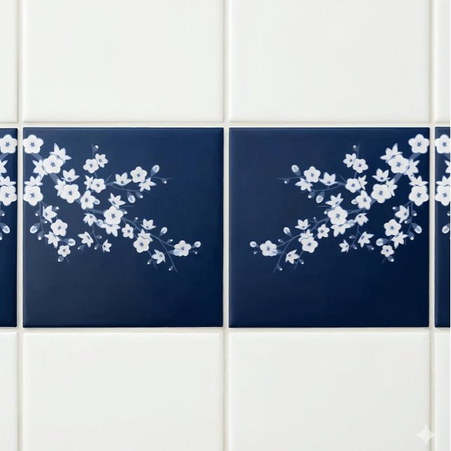 Floral Cherry Blossom Navy Blue White Fliese (Von Creator hochgeladen)