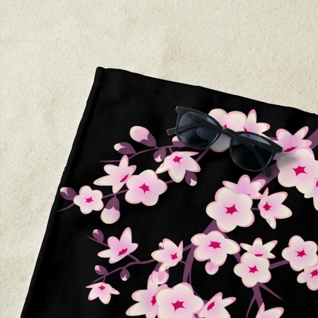 Floral Cherry Blossom Pink Black Beach Handtuch (Beispiel)