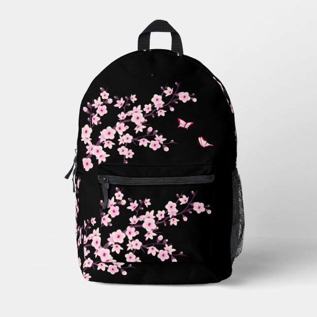 Floral Cherry Blossom Pink Black Bedruckter Rucksack (Vorderseite)