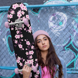 Floral Cherry Blossom Pink Black Girl Skateboard