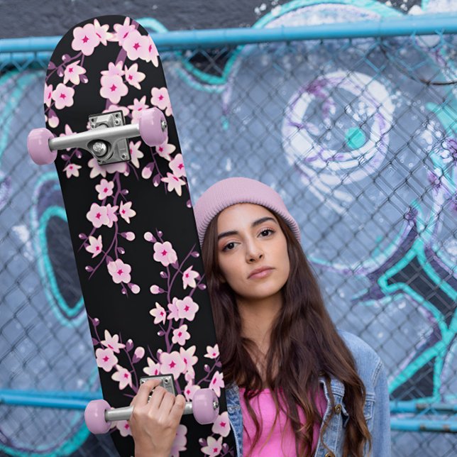 Floral Cherry Blossom Pink Black Girl Skateboard (Von Creator hochgeladen)