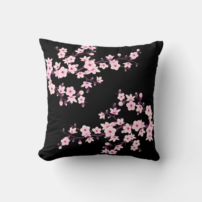 Floral Cherry Blossom Pink Black Kissen (Vorderseite)