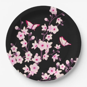 Floral Cherry Blossom Pink Black Pappteller