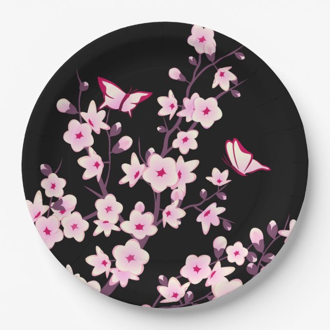 Floral Cherry Blossom Pink Black Pappteller (Vorderseite)