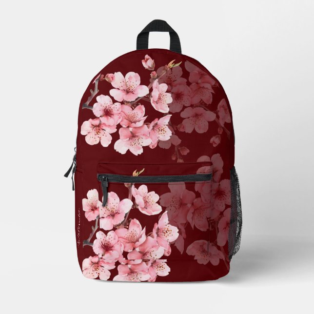 Floral Cherry Blossom Pink Burgund Bedruckter Rucksack (Vorderseite)