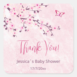 Floral Cherry Blossom Pink Girl Babydusche Quadratischer Aufkleber