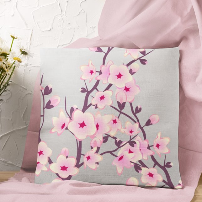 Floral Cherry Blossom Pink Gray Kissen (Von Creator hochgeladen)
