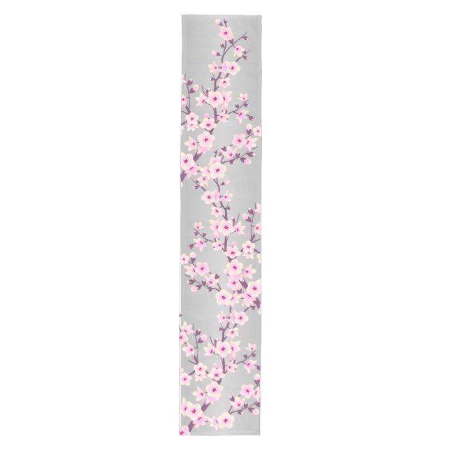 Floral Cherry Blossom Pink Gray Mittelgroßer Tischläufer (Vorderseite)