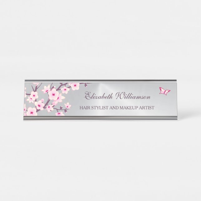 Floral Cherry Blossom Pink Gray Salon Schreibtischnamensplakette (Vorderseite )