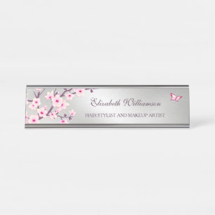 Floral Cherry Blossom Pink Gray Salon Schreibtischnamensplakette