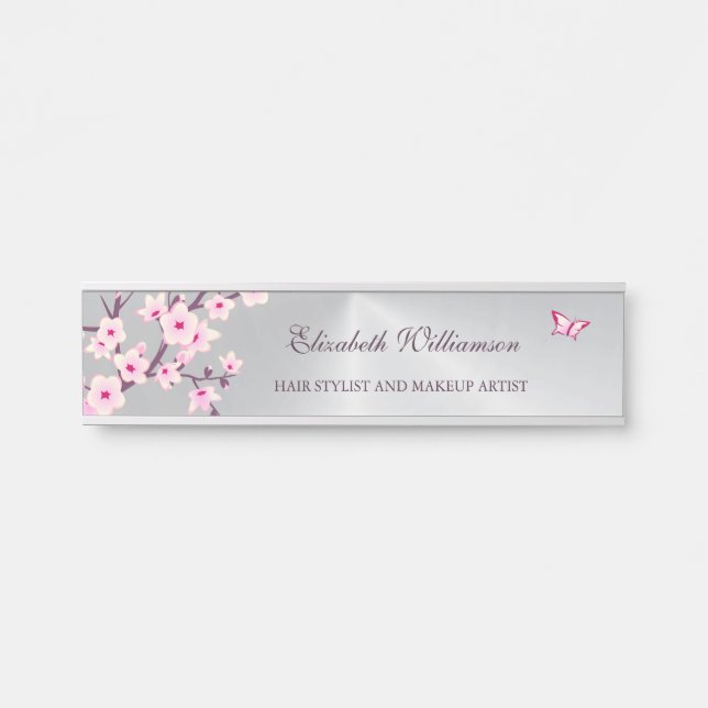 Floral Cherry Blossom Pink Grey Office Türschild (Vorderseite )