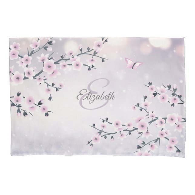Floral Cherry Blossom Pink Mauve Glitzer Monogram Kissenbezug (Vorderseite)