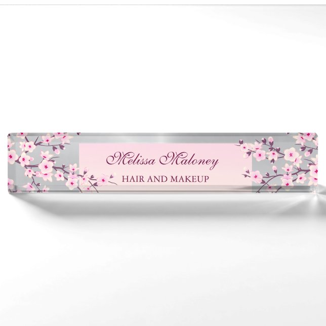 Floral Cherry Blossom Pink Silver Namensplakette (Vorderseite)