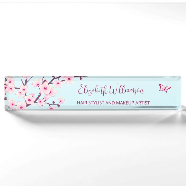 Floral Cherry Blossom Pink Türkis  Namensplakette (Vorderseite)
