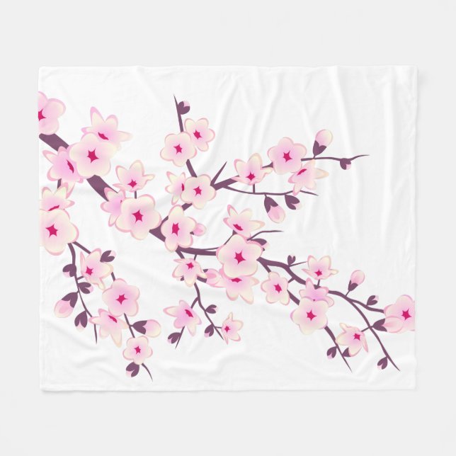 Floral Cherry Blossom Pink White Fleecedecke (Vorderseite (Horizontal))
