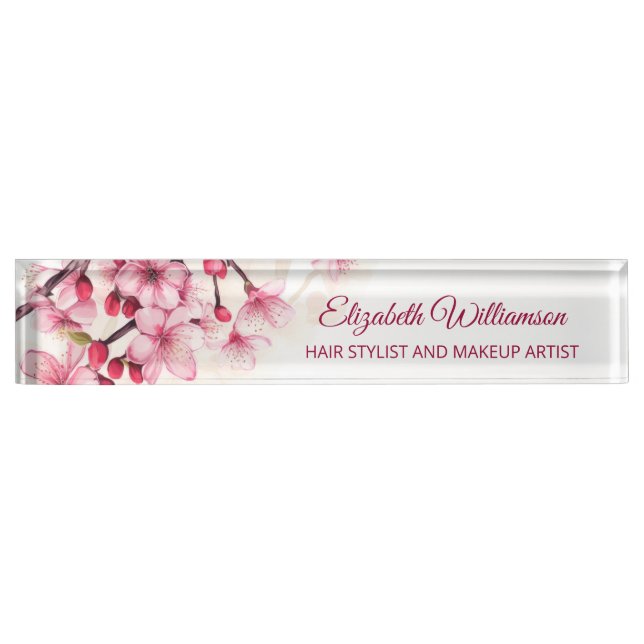 Floral Cherry Blossom Pink White Namensplakette (Vorderseite)