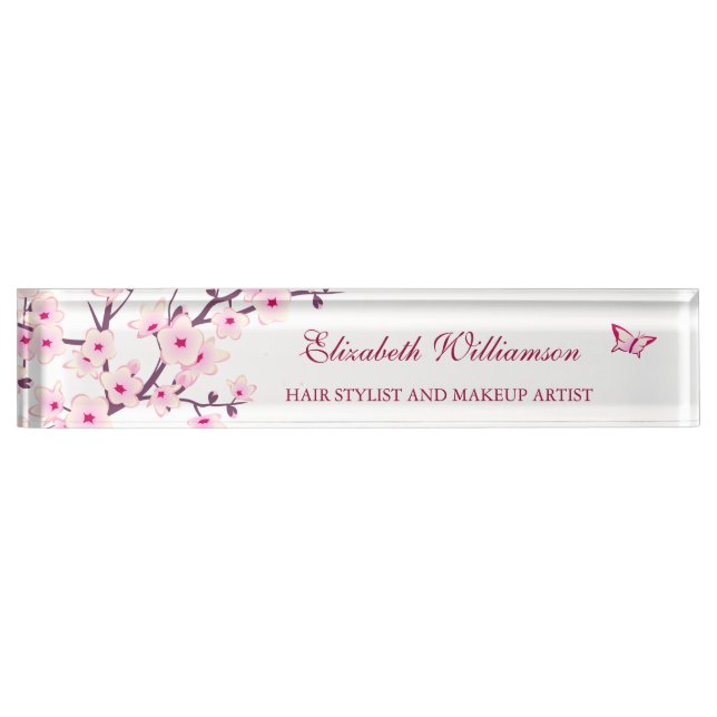 Floral Cherry Blossom Pink White Namensplakette (Vorderseite)